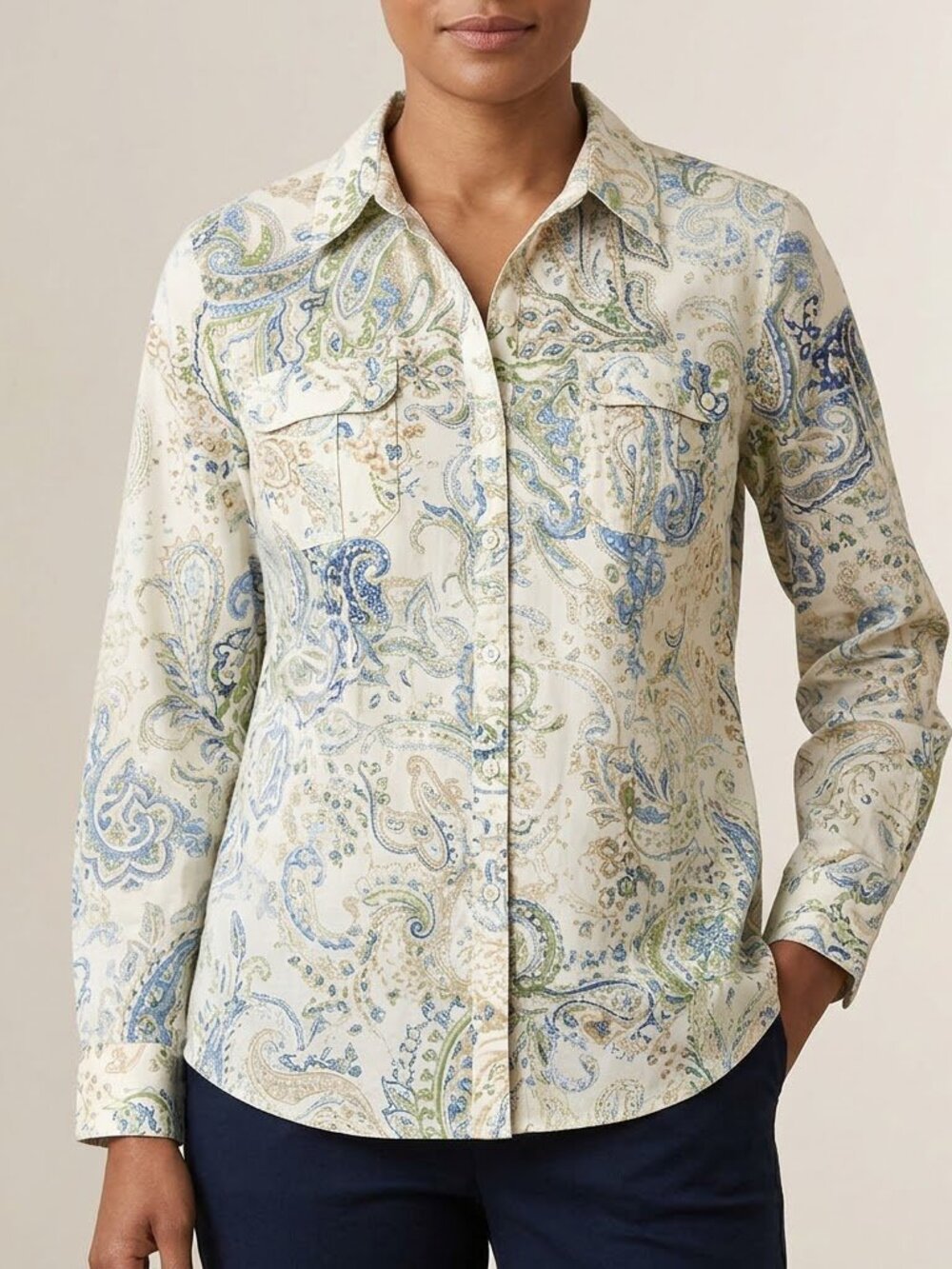 Chico's Lightweight Paisley Button-Up Shirt - Breathable Cotton - Size 2 (Large)